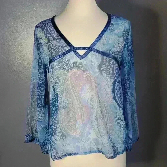 Vintage Y2K Nancy-K Sheer Blue Paisley Boho Bell Sleeve Blouse sz M - Picture 1 of 9